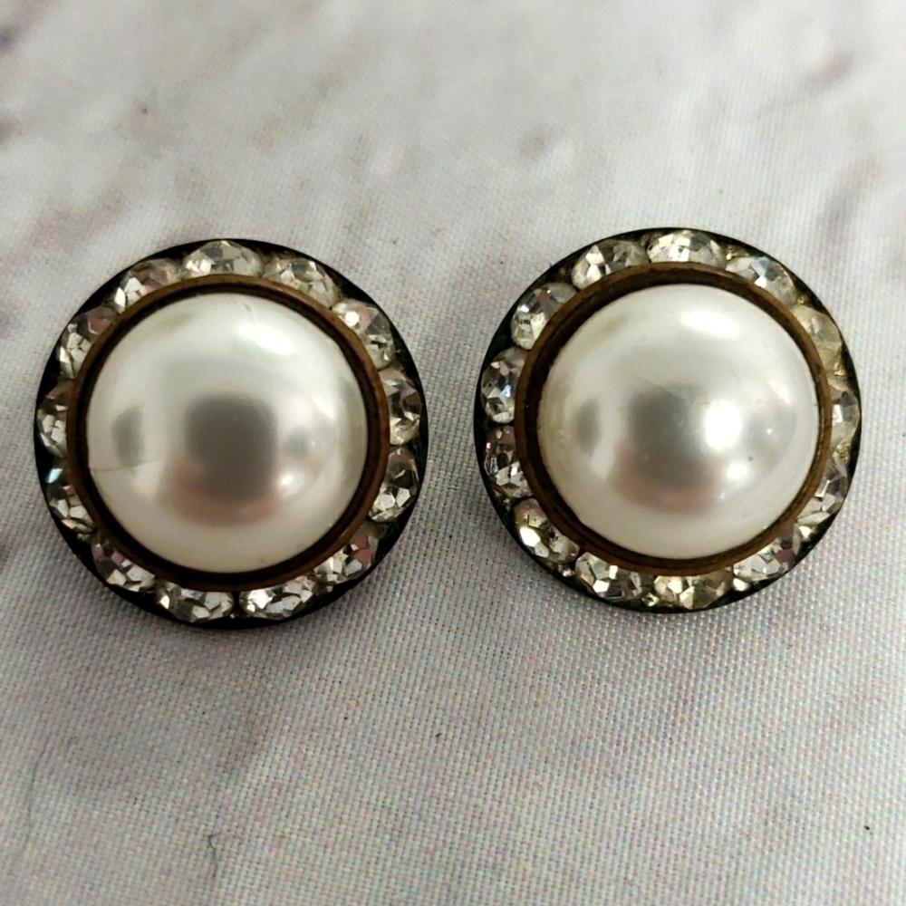 Vintage Clip on Earrings Used Pearl & Rhinestone